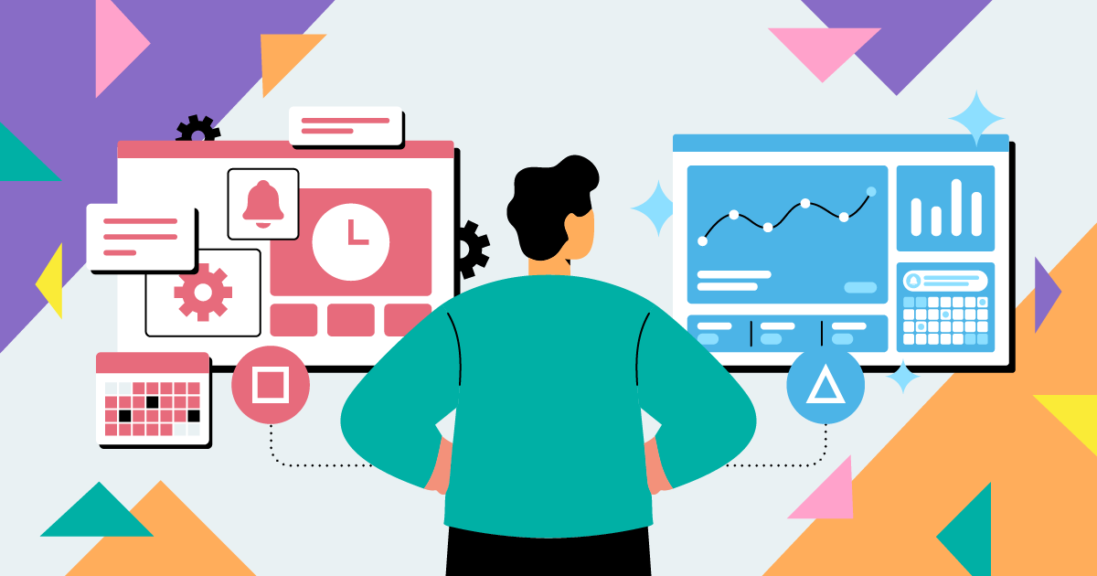 A person evaluating two software interfaces — a time tracking tool on the left and an analytics dashboard on the right.